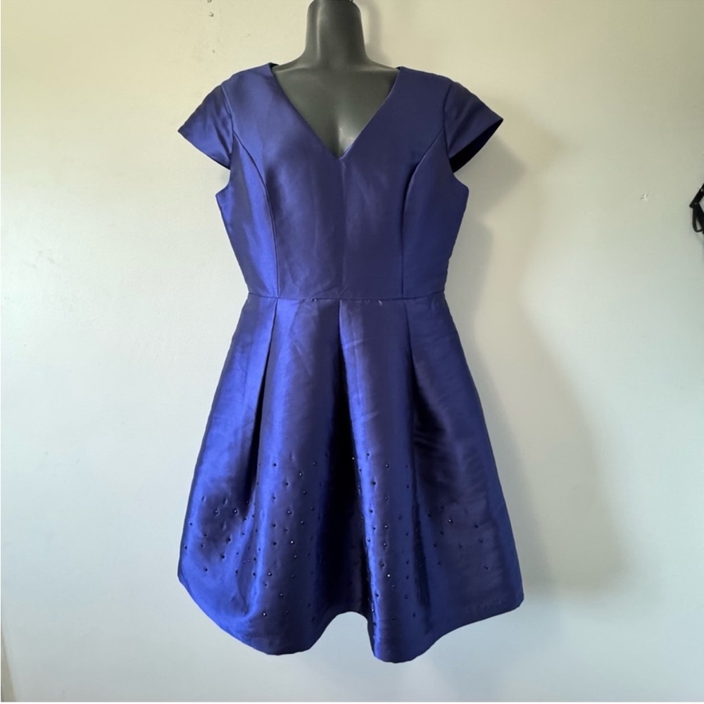 Badgley Mischka Blue Pleated A-Line Mini Dress